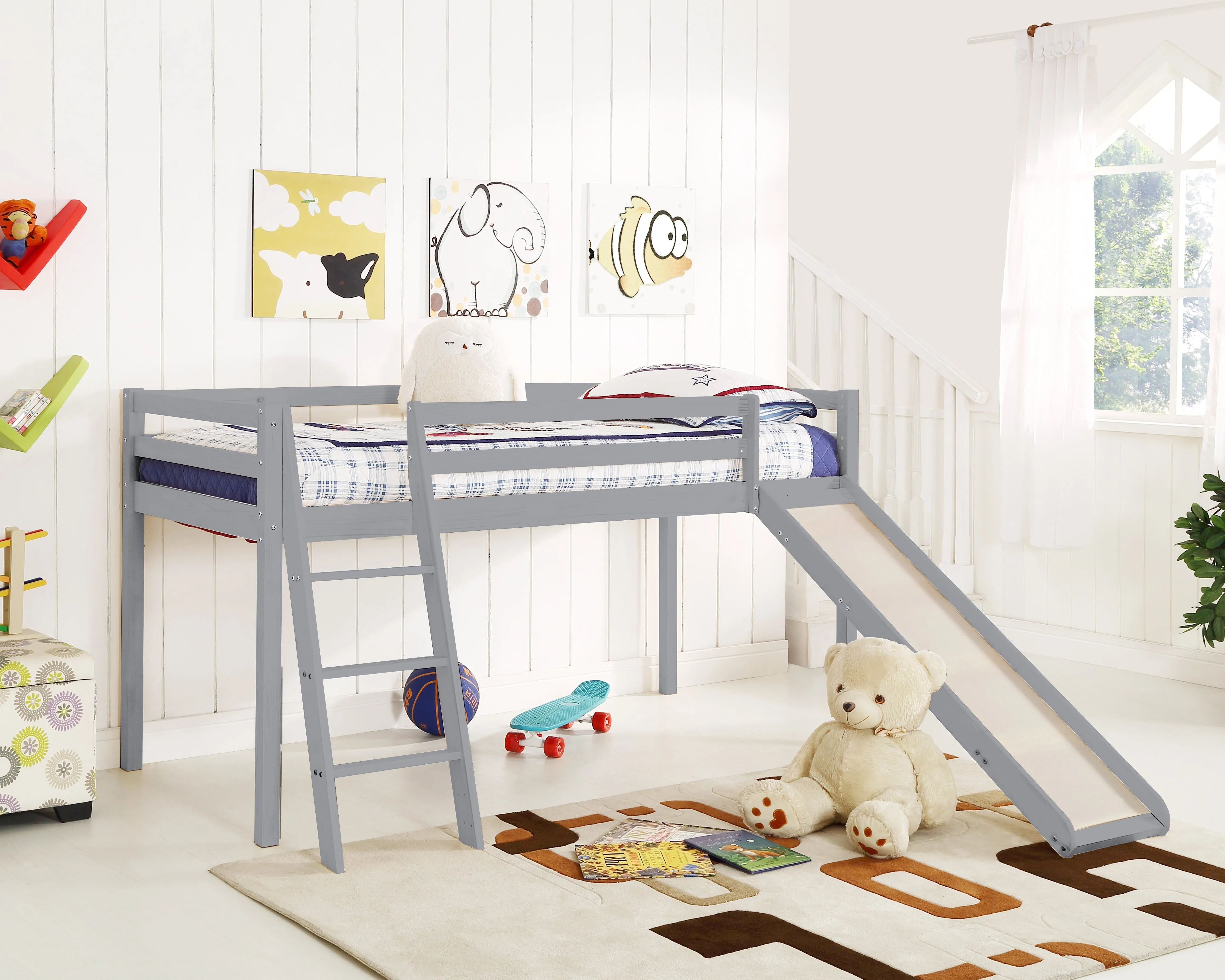 Newark Wooden Mid-sleeper Bunk Bed with Slide, Grey
