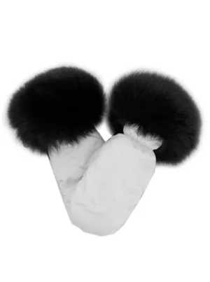 Nylon Mittens with Black Fox Trim [White-MTJS01]