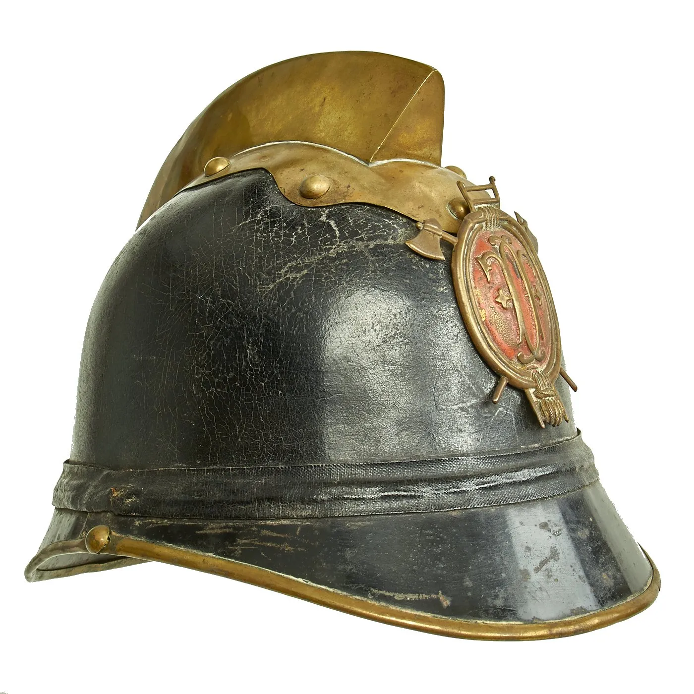 Original German WWI Leather & Steel Fire Brigade Helmet