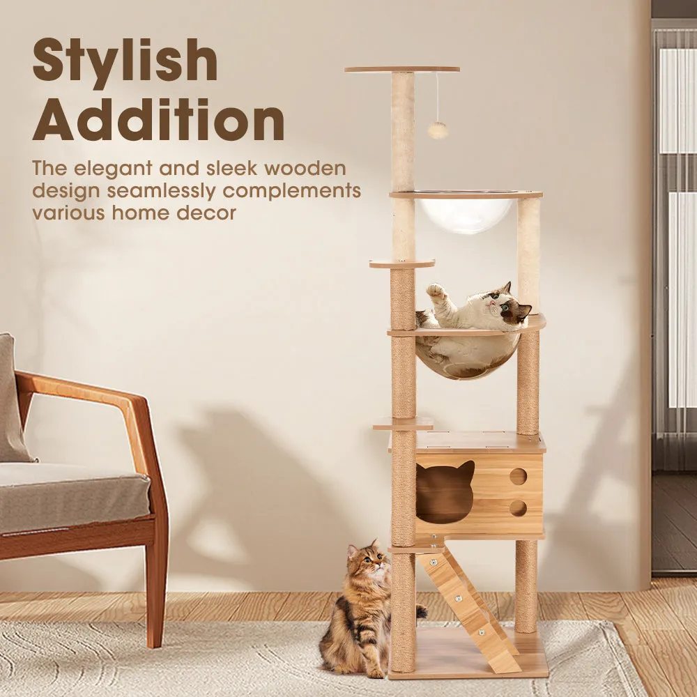 Petzly Wooden Cat Tree Tower Scratching Post Scratcher Condo House Bed 150cm
