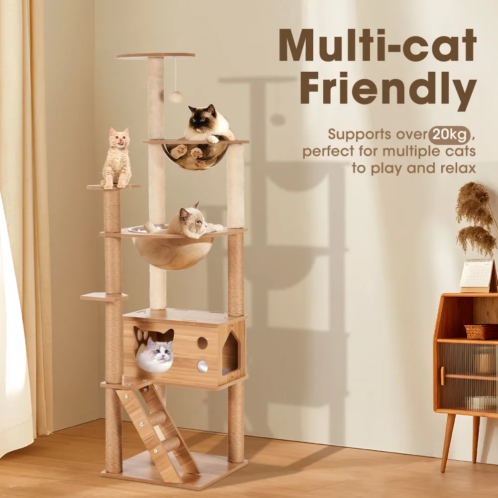 Petzly Wooden Cat Tree Tower Scratching Post Scratcher Condo House Bed 150cm