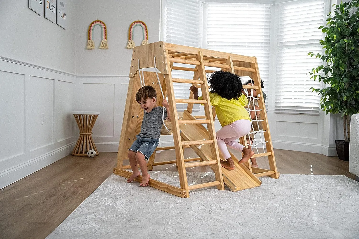 "Ultimate Adventure Jungle Gym Playset for Kids 2-6Yrs - Slide, Climbing Wall, Monkey Bars, and Swing - Premium Wooden Climb Set by Magnolia Indoor Playground. Made in USA!"