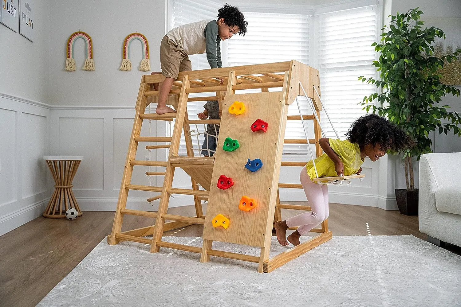 "Ultimate Adventure Jungle Gym Playset for Kids 2-6Yrs - Slide, Climbing Wall, Monkey Bars, and Swing - Premium Wooden Climb Set by Magnolia Indoor Playground. Made in USA!"