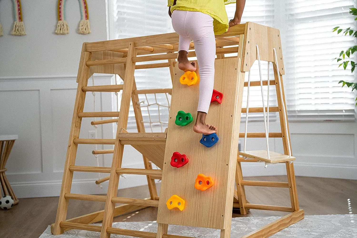 "Ultimate Adventure Jungle Gym Playset for Kids 2-6Yrs - Slide, Climbing Wall, Monkey Bars, and Swing - Premium Wooden Climb Set by Magnolia Indoor Playground. Made in USA!"