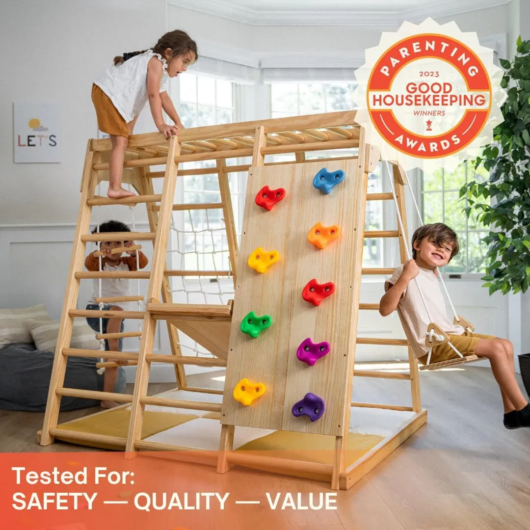"Ultimate Adventure Jungle Gym Playset for Kids 2-6Yrs - Slide, Climbing Wall, Monkey Bars, and Swing - Premium Wooden Climb Set by Magnolia Indoor Playground. Made in USA!"
