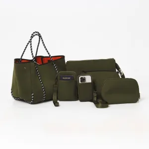 SAFARI GREEN SET: EVERYDAY TOTE   OVERSIZED WRISTLET POUCH   ESSENTIAL POUCH   MAKEUP POUCH SET   PASSPORT WALLET   PHONE BAG