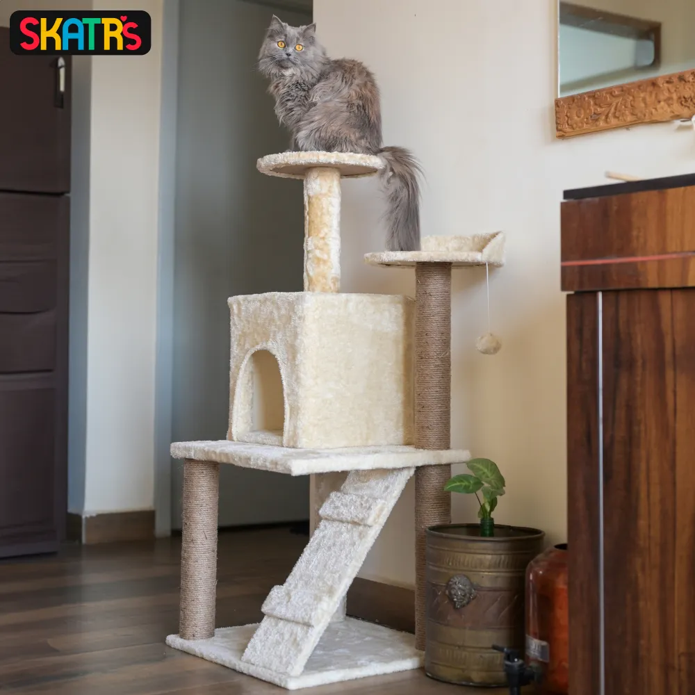 Skatrs Kitty Kastle Multi Level Cat Tree with Condo, Scratching Post, Platform and Ladder Toy and Satisfying Wave Cat Scratcher with 2g Premium Catnip Combo