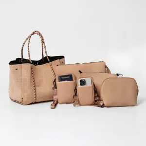 TAN SET: EVERYDAY TOTE   OVERSIZED WRISTLET POUCH   ESSENTIAL POUCH   MAKEUP POUCH SET   PASSPORT WALLET   PHONE BAG