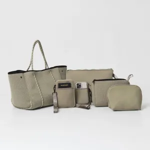TAUPE SET: EVERYDAY TOTE   OVERSIZED WRISTLET POUCH   ESSENTIAL POUCH   MAKEUP POUCH SET   PASSPORT WALLET   PHONE BAG