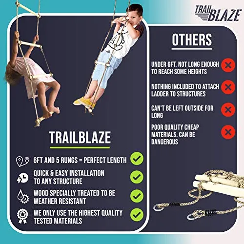 Trailblaze Climbing Rope Ladder 6ft Wooden Ninja Ladder Kids for Swing Set
