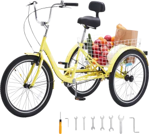Vevor Adult Tricycle 24" 1-Speed Carbon Steel Cruiser with Backrest Seat Cushion and Basket New