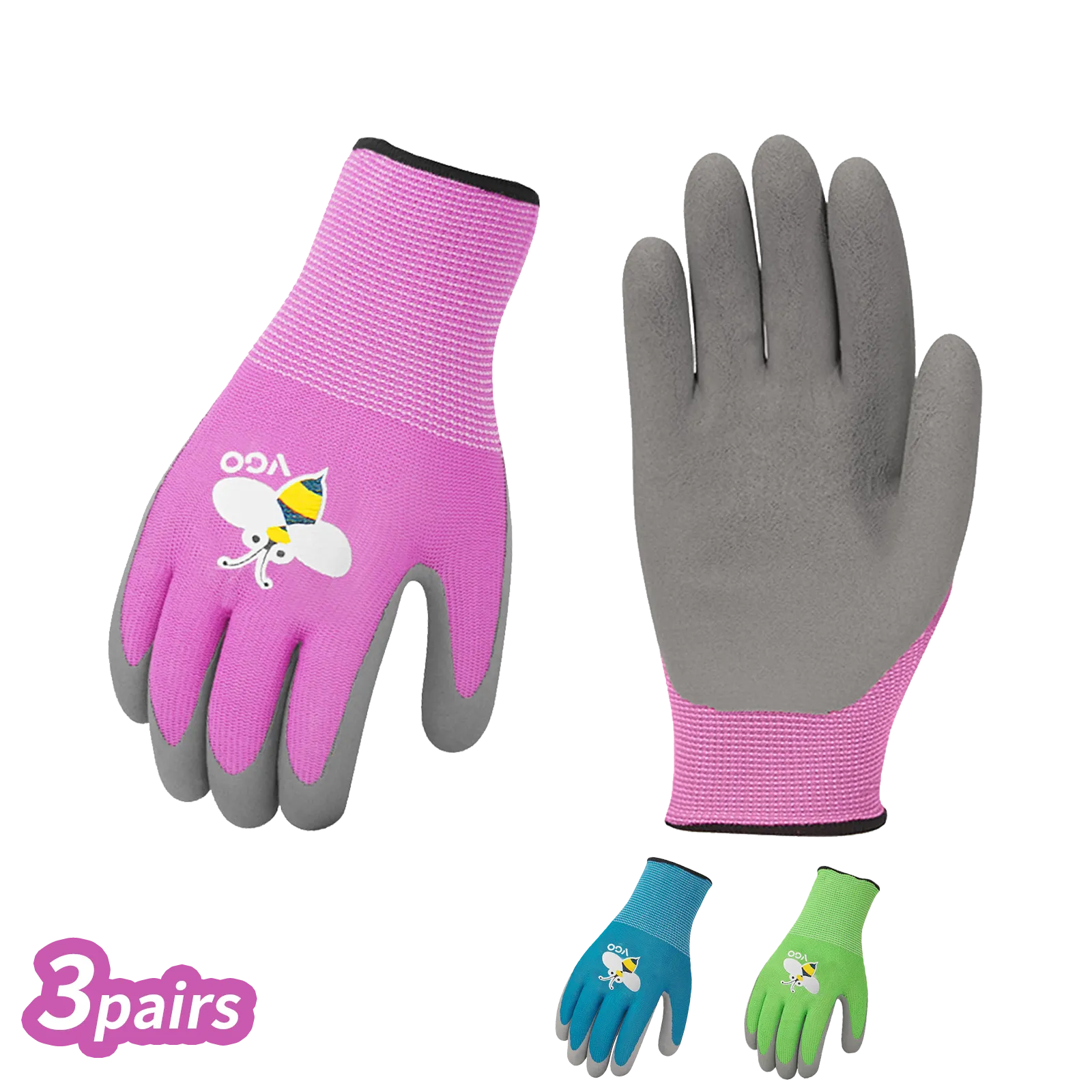VGO 3-Pairs Age 3-9 Kids Gardening Gloves, Children Yard Work Gloves, Soft Safety Rubber Glove (3 Colors,KID-RB6013)