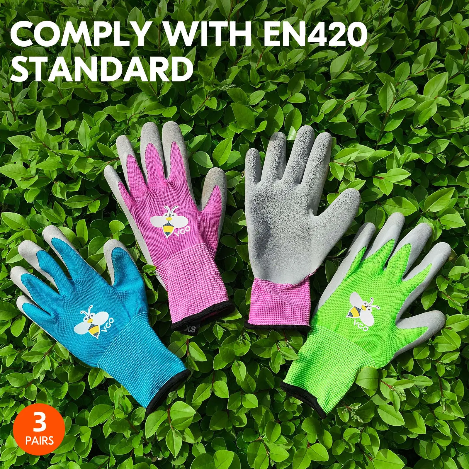 VGO 3-Pairs Age 3-9 Kids Gardening Gloves, Children Yard Work Gloves, Soft Safety Rubber Glove (3 Colors,KID-RB6013)